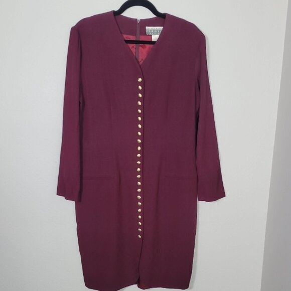 Vintage Ronnie Rosado Office Dress Size 10 Burgundy Long Sleeve Gold Buttons - Picture 1 of 9